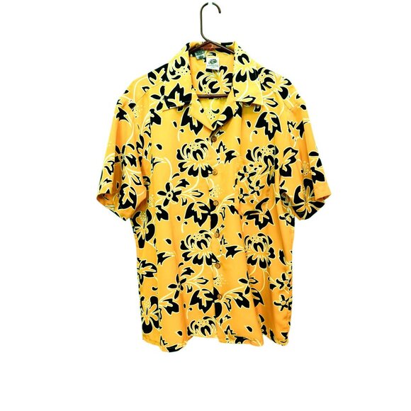 Vintage Kennington Hawaiian Shirt Mens L Yellow Black Floral Aloha 90s Surf Vibe - Picture 1 of 8